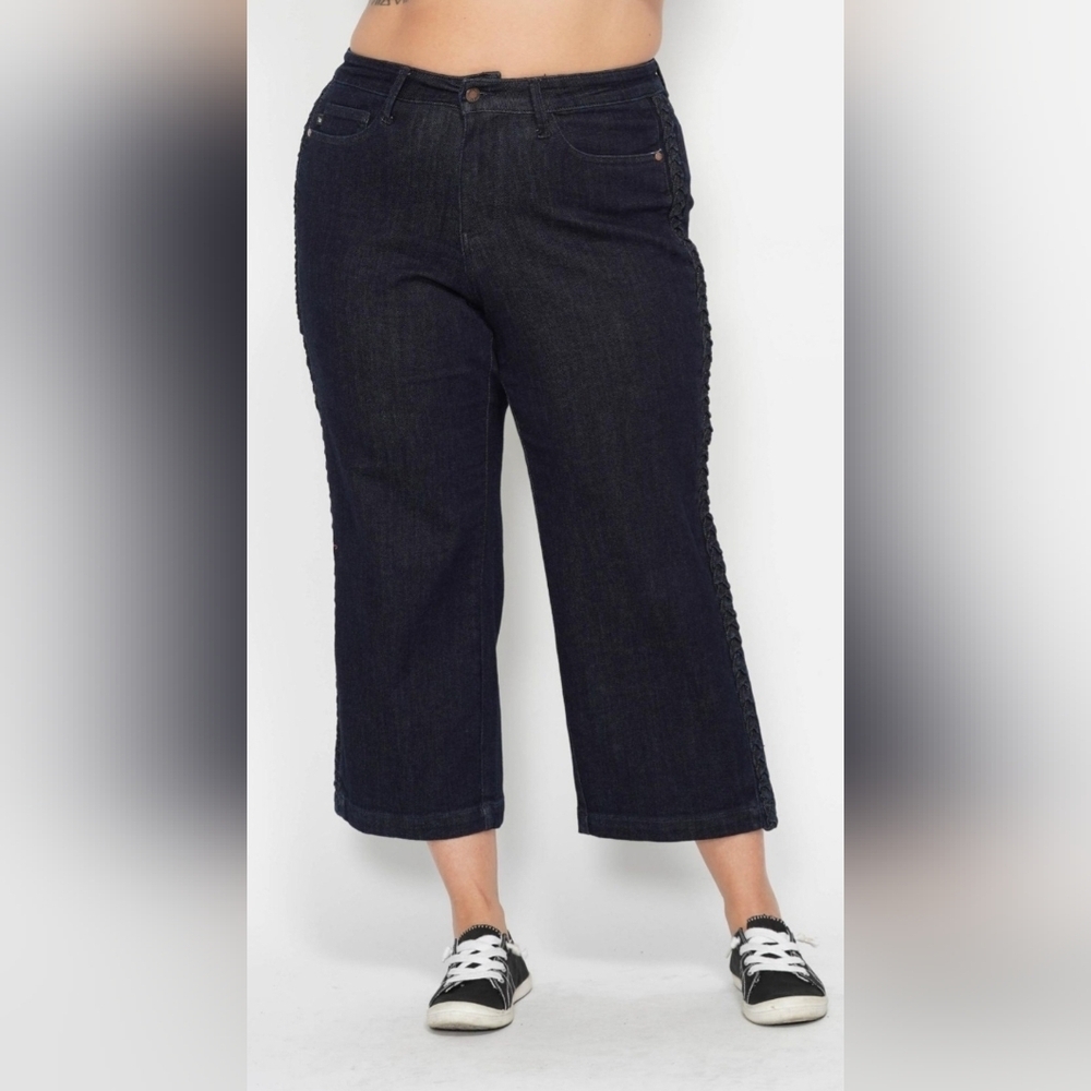 Judy Blue HR Dark Wash Wide Leg Cropped Jeans Braided Side Seams Various NEW - Picture 5 of 16